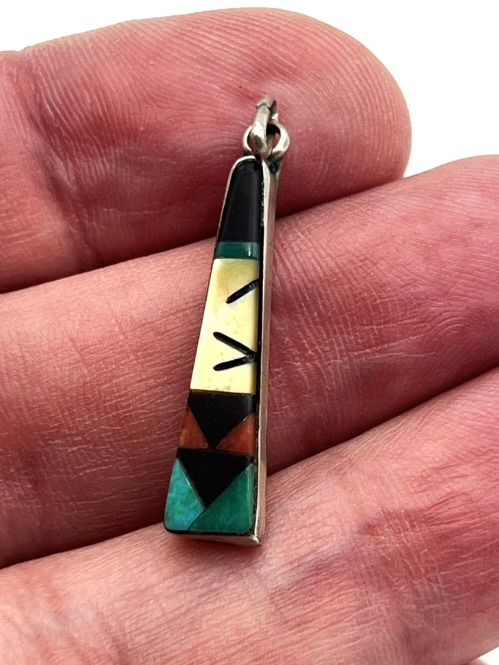 Vintage Zuni MR Noche 925 Sterling Silver Multi Stone Inlay Drop Pendant Signed
